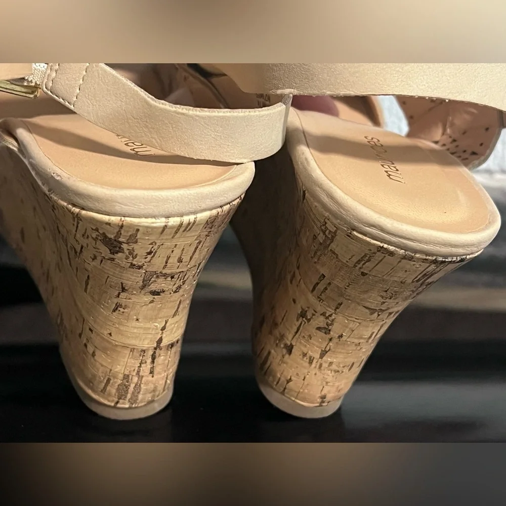 Maurices beige platform cork wedge sandals with laser-cut straps